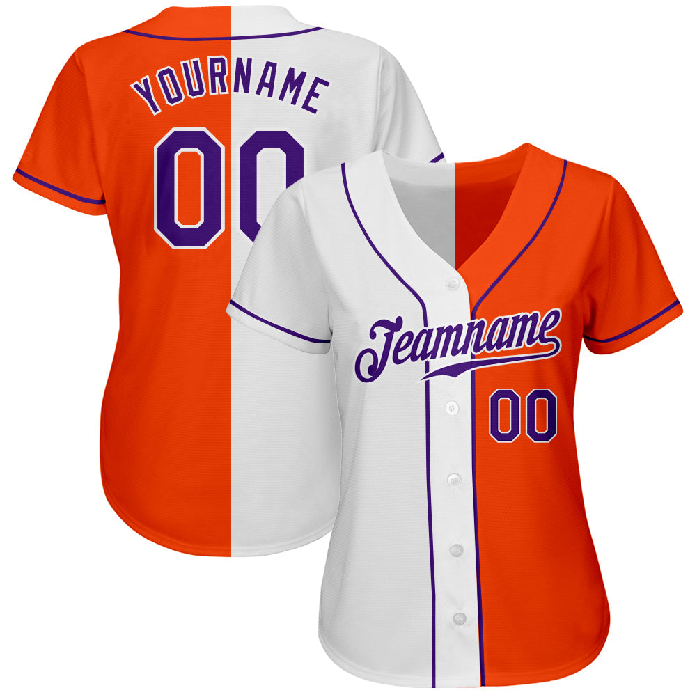 Custom Orange Purple-White Authentic Split Fashion Baseball Jersey view 3