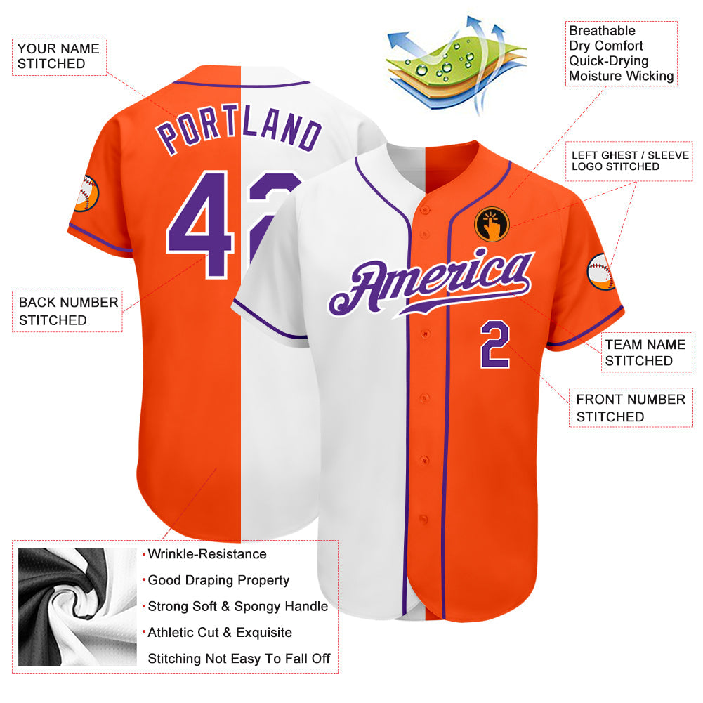 Custom Orange Purple-White Authentic Split Fashion Baseball Jersey view 4