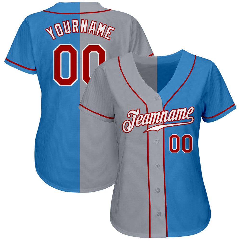 Custom Powder Blue Red-Gray Authentic Split Fashion Baseball Jersey view 2