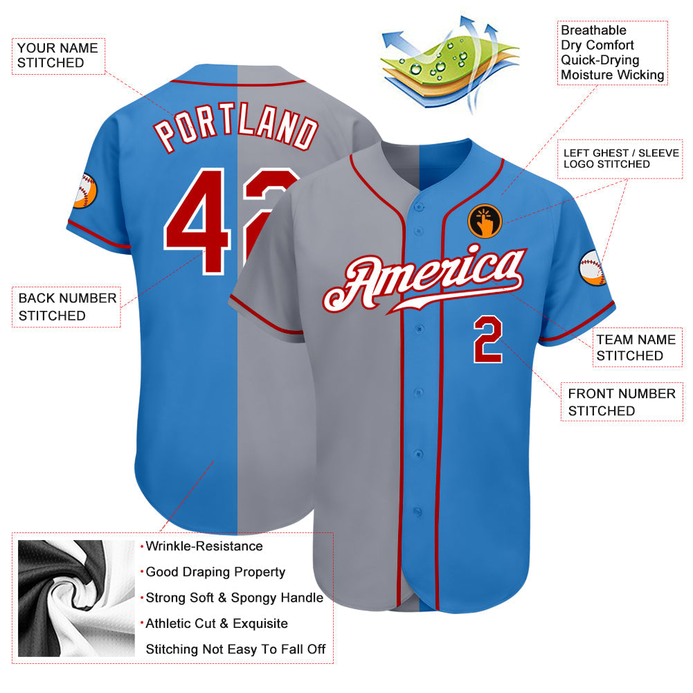Custom Powder Blue Red-Gray Authentic Split Fashion Baseball Jersey view 3