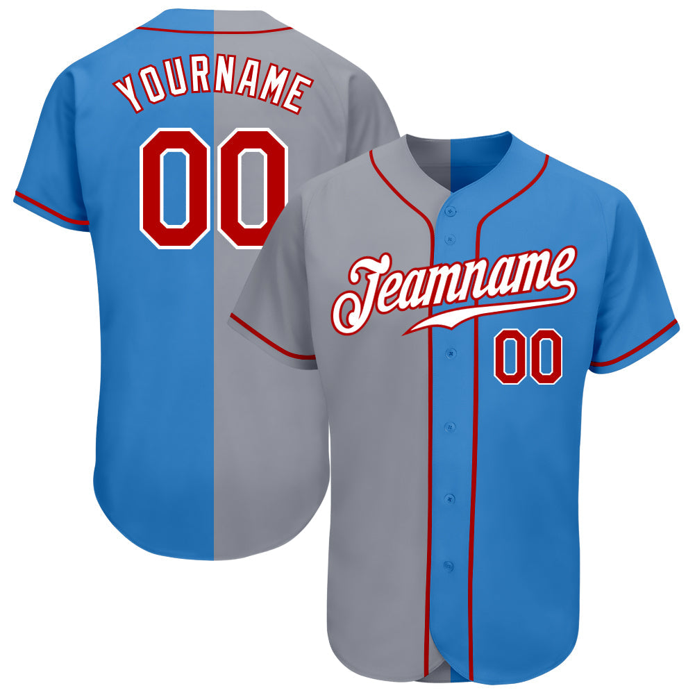 Custom Powder Blue Red-Gray Authentic Split Fashion Baseball Jersey - Main View