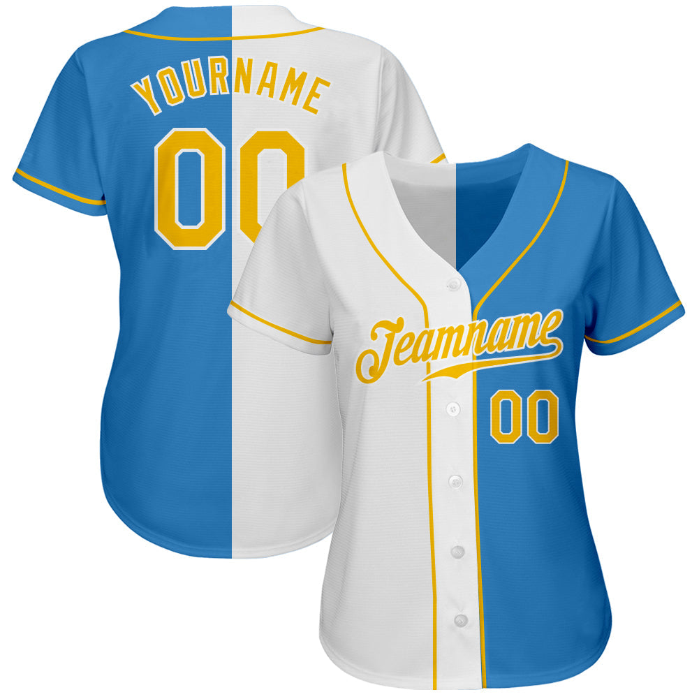 Custom Powder Blue Gold-White Authentic Split Fashion Baseball Jersey view 2