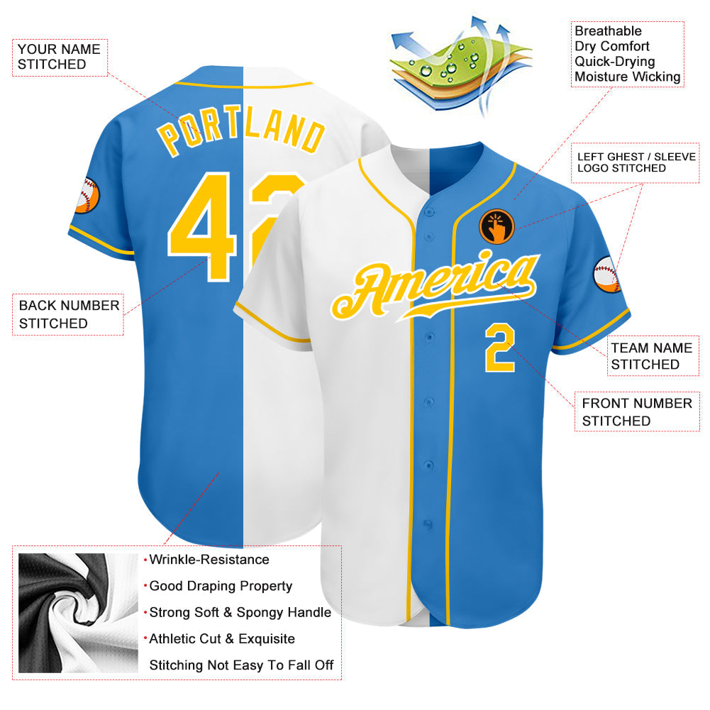 Custom Powder Blue Gold-White Authentic Split Fashion Baseball Jersey view 3
