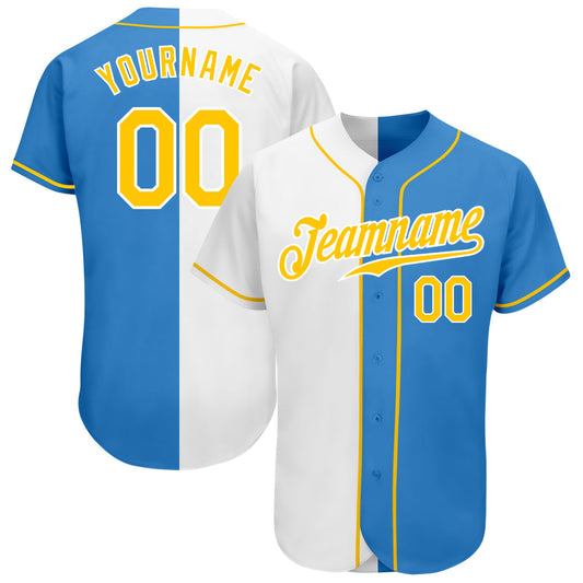 Custom Powder Blue Gold-White Authentic Split Fashion Baseball Jersey - Main View