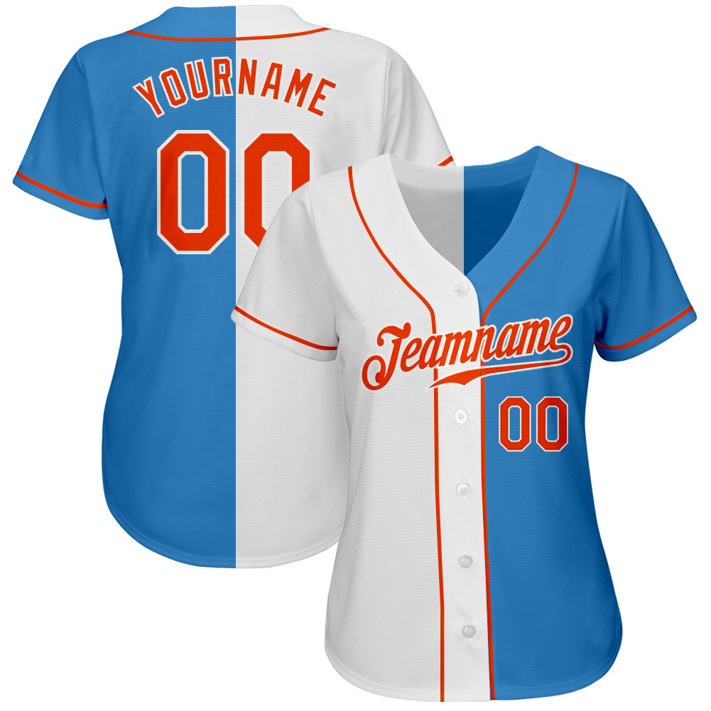 Custom Powder Blue Orange-White Authentic Split Fashion Baseball Jersey view 2
