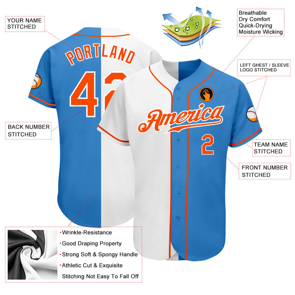 Custom Powder Blue Orange-White Authentic Split Fashion Baseball Jersey view 3
