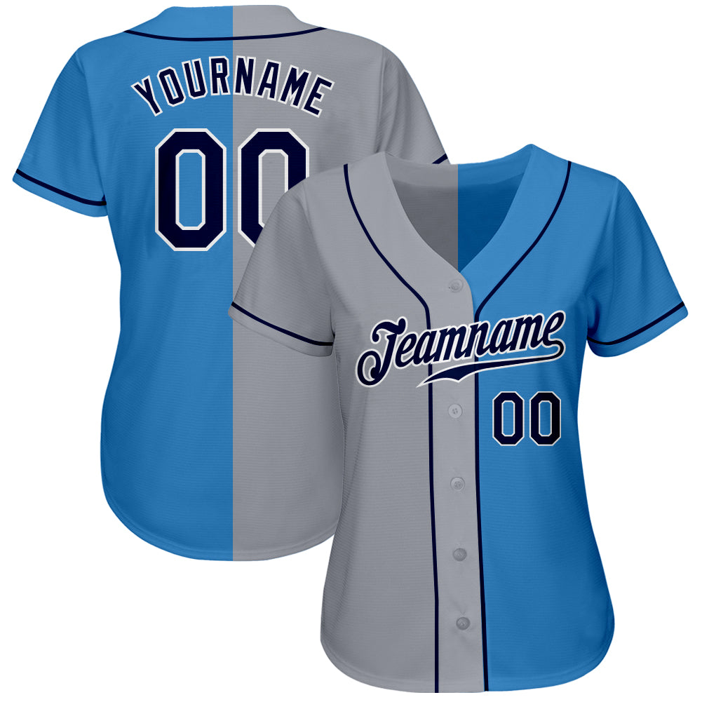 Custom Powder Blue Navy-Gray Authentic Split Fashion Baseball Jersey view 2
