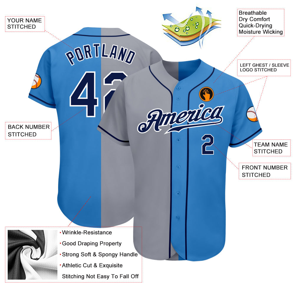 Custom Powder Blue Navy-Gray Authentic Split Fashion Baseball Jersey view 3