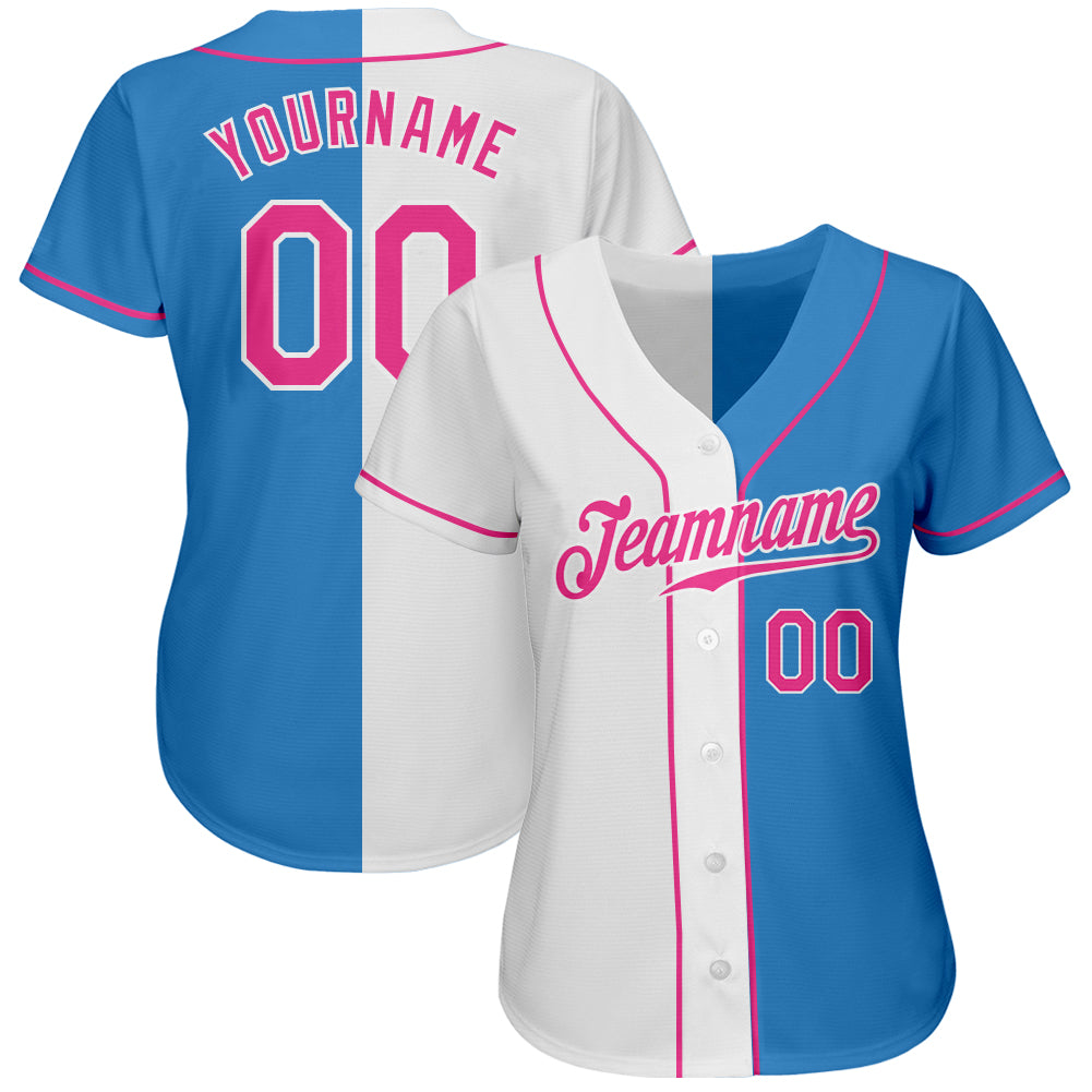 Custom Powder Blue Pink-White Authentic Split Fashion Baseball Jersey view 2