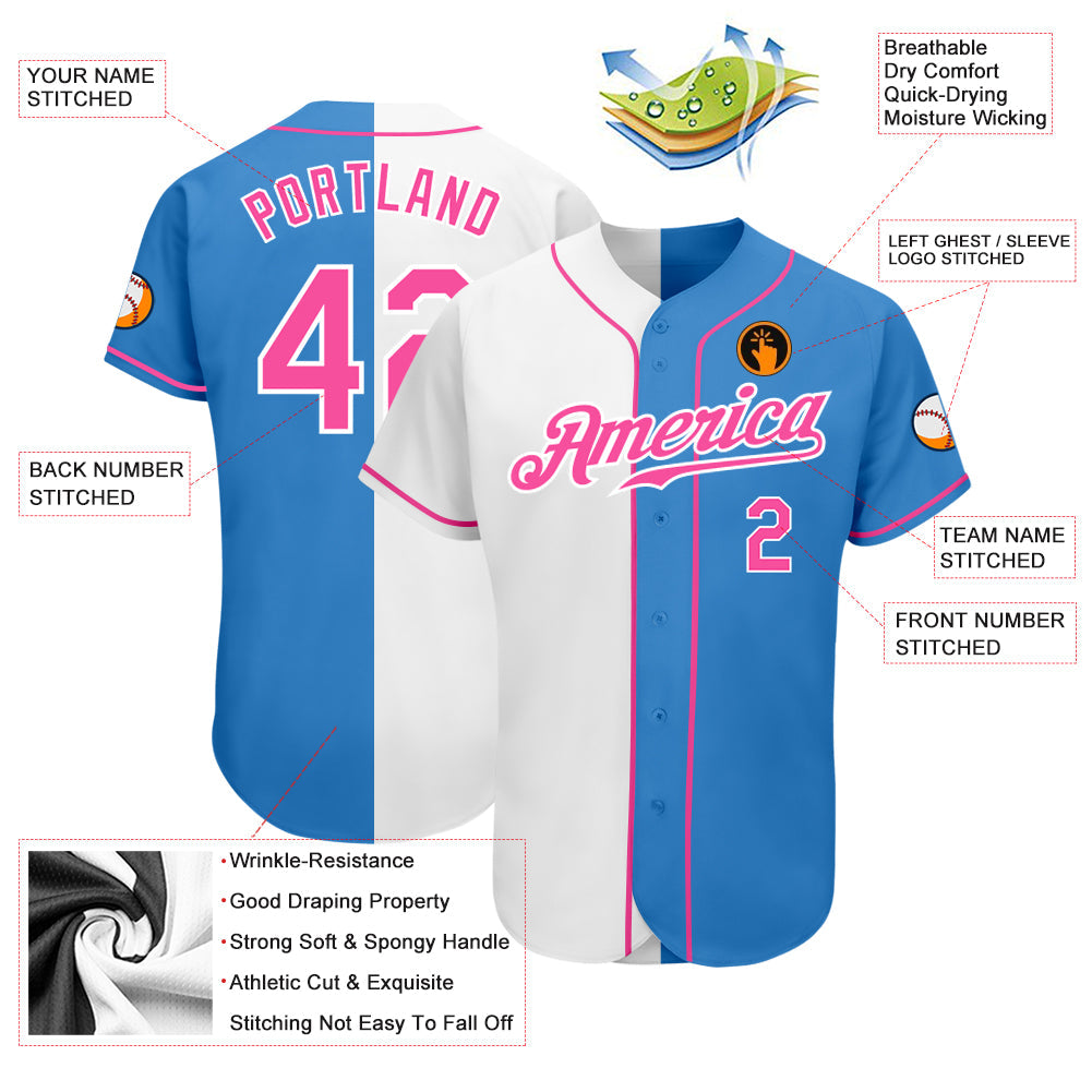 Custom Powder Blue Pink-White Authentic Split Fashion Baseball Jersey view 3