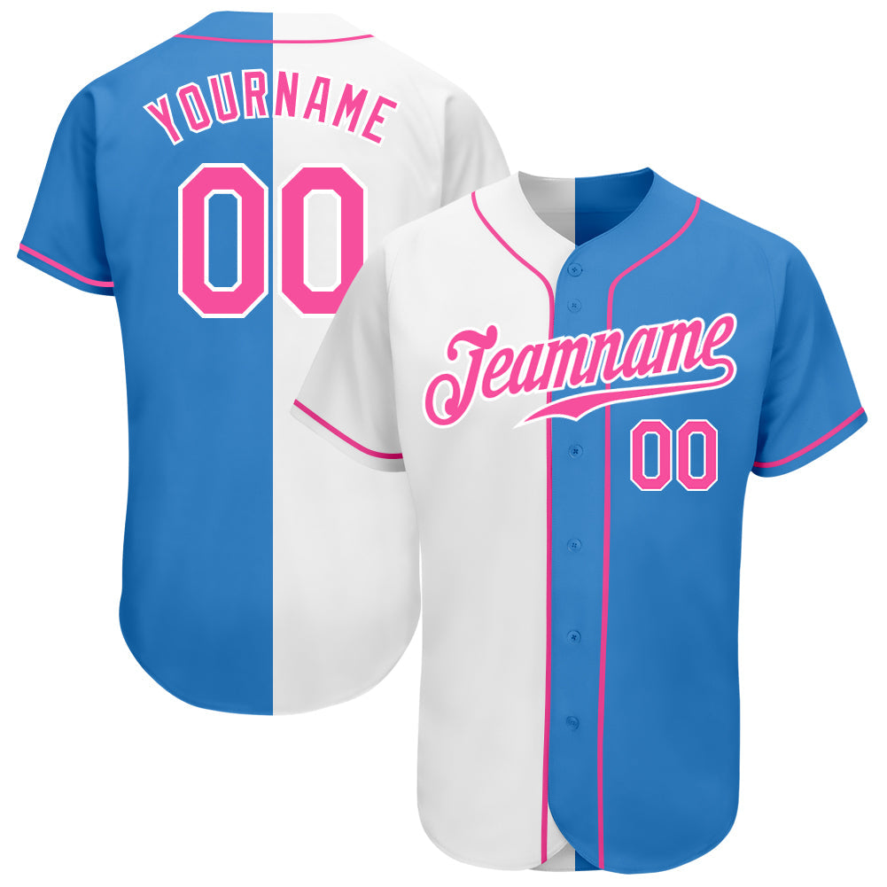 Custom Powder Blue Pink-White Authentic Split Fashion Baseball Jersey - Main View
