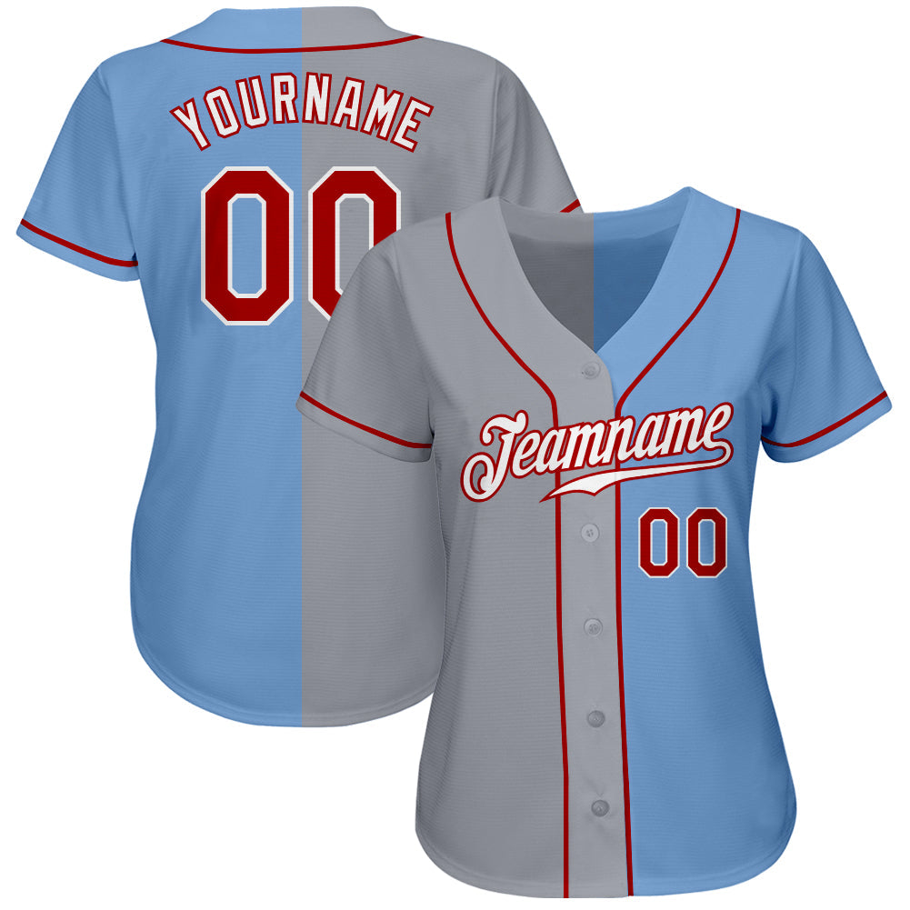 Custom Light Blue Red-Gray Authentic Split Fashion Baseball Jersey view 2