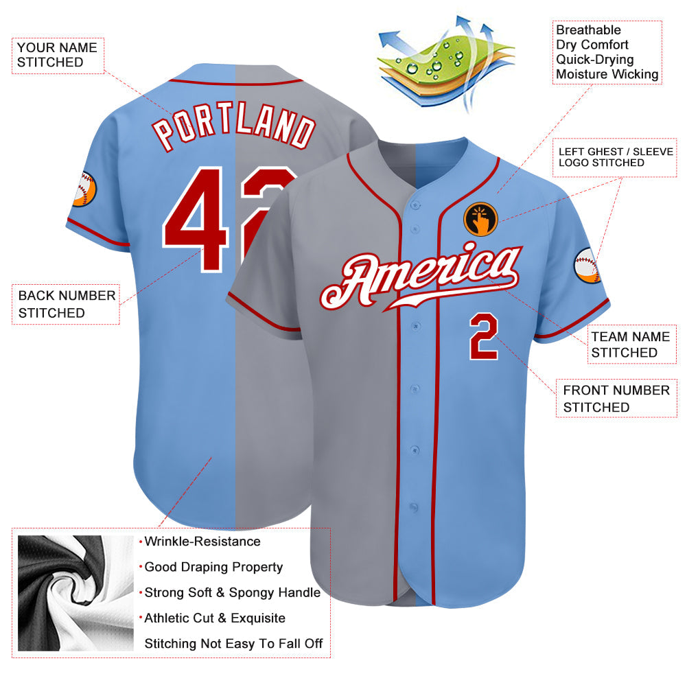 Custom Light Blue Red-Gray Authentic Split Fashion Baseball Jersey view 3
