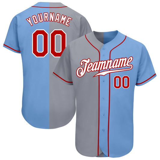 Custom Light Blue Red-Gray Authentic Split Fashion Baseball Jersey - Main View