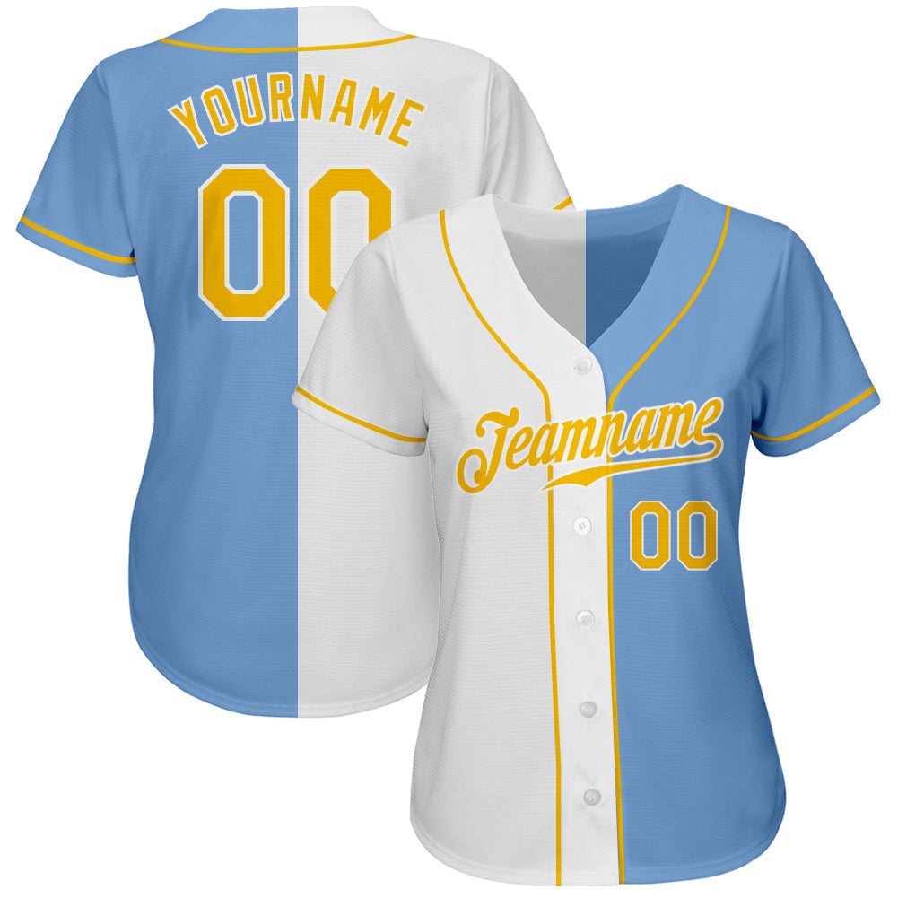 Custom Light Blue Gold-White Authentic Split Fashion Baseball Jersey view 2