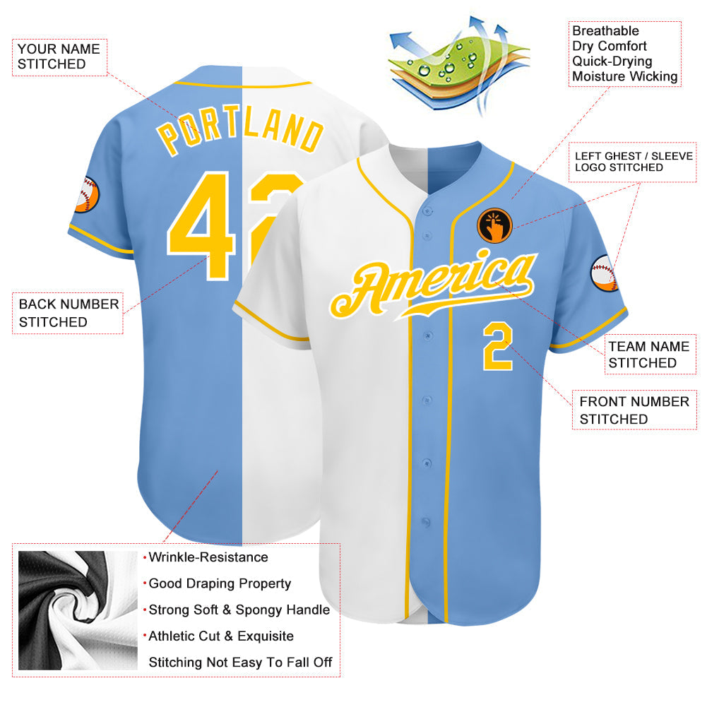 Custom Light Blue Gold-White Authentic Split Fashion Baseball Jersey view 3