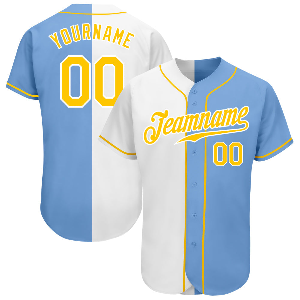 Custom Light Blue Gold-White Authentic Split Fashion Baseball Jersey - Main View