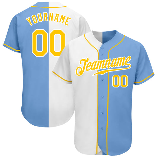 Custom Light Blue Gold-White Authentic Split Fashion Baseball Jersey - Main View