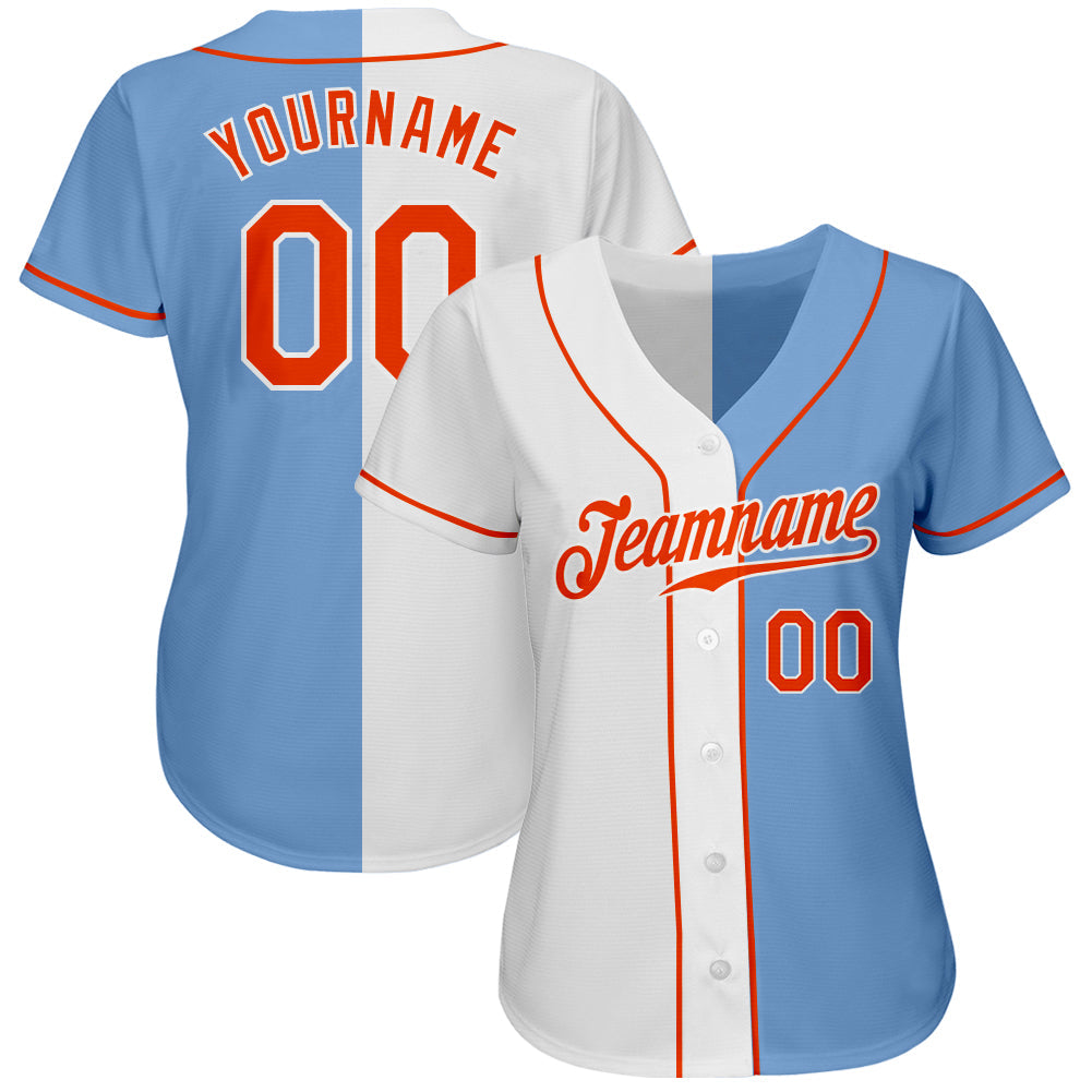 Custom Light Blue Orange-White Authentic Split Fashion Baseball Jersey view 2