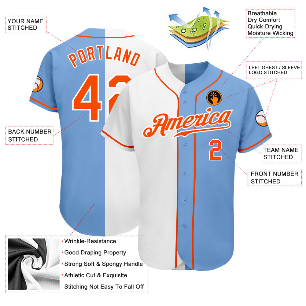 Custom Light Blue Orange-White Authentic Split Fashion Baseball Jersey view 3