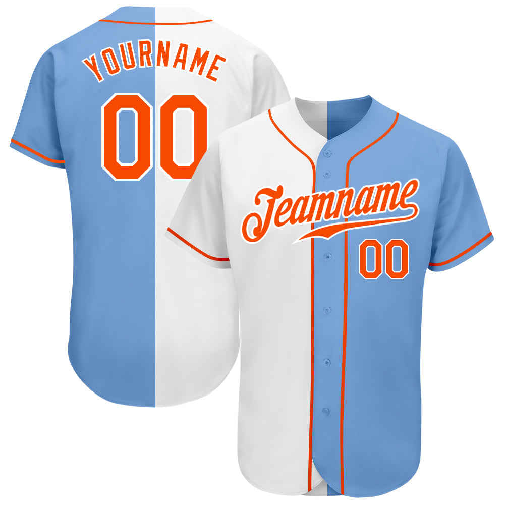 Custom Light Blue Orange-White Authentic Split Fashion Baseball Jersey - Main View