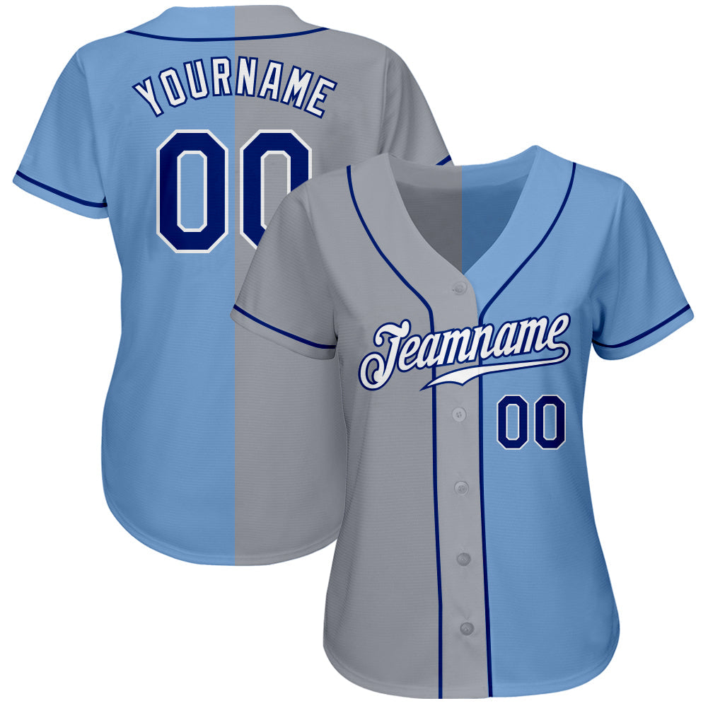 Custom Light Blue Royal-Gray Authentic Split Fashion Baseball Jersey view 2