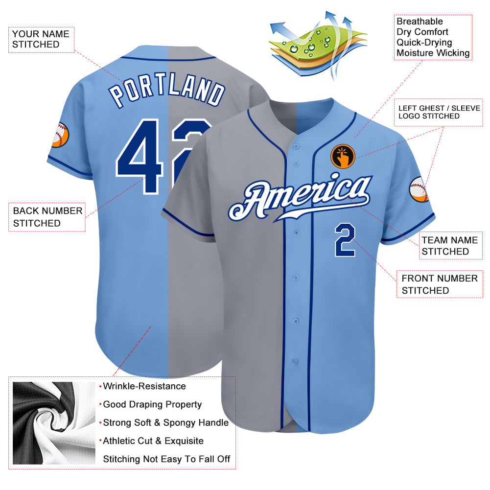 Custom Light Blue Royal-Gray Authentic Split Fashion Baseball Jersey view 3