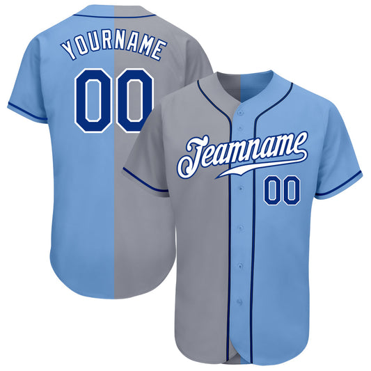Custom Light Blue Royal-Gray Authentic Split Fashion Baseball Jersey - Main View