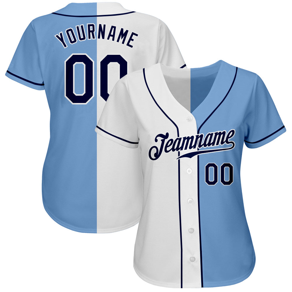 Custom Light Blue Navy-White Authentic Split Fashion Baseball Jersey view 2
