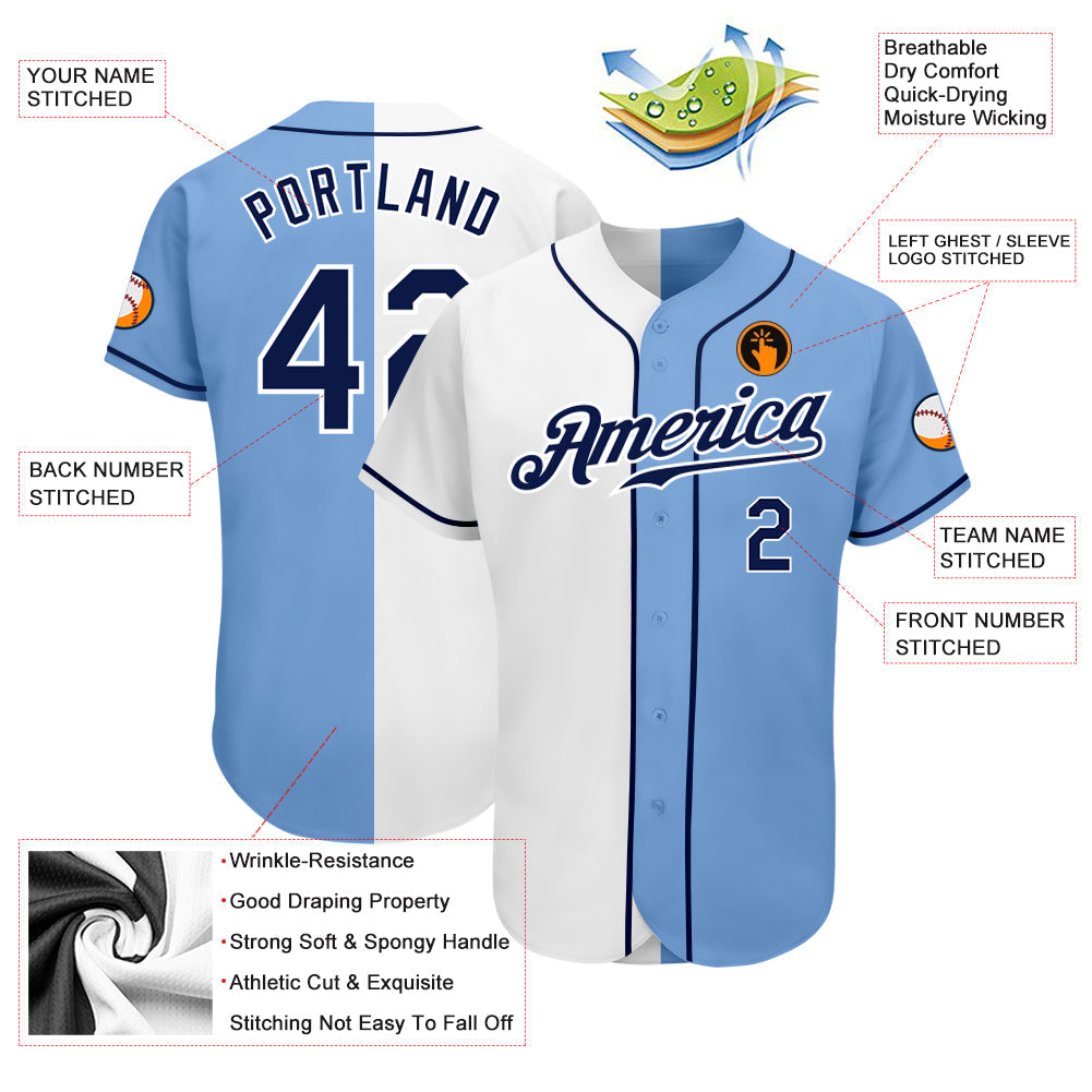 Custom Light Blue Navy-White Authentic Split Fashion Baseball Jersey view 3