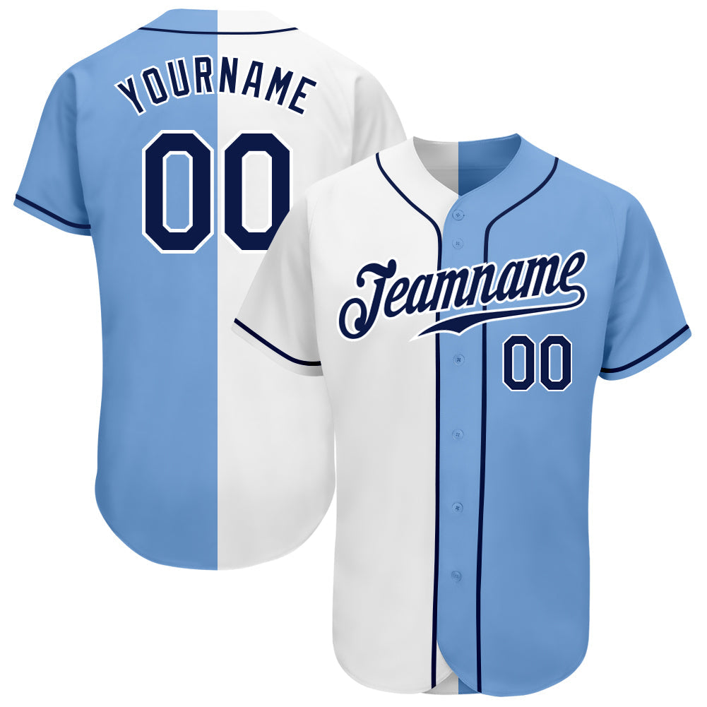 Custom Light Blue Navy-White Authentic Split Fashion Baseball Jersey - Main View