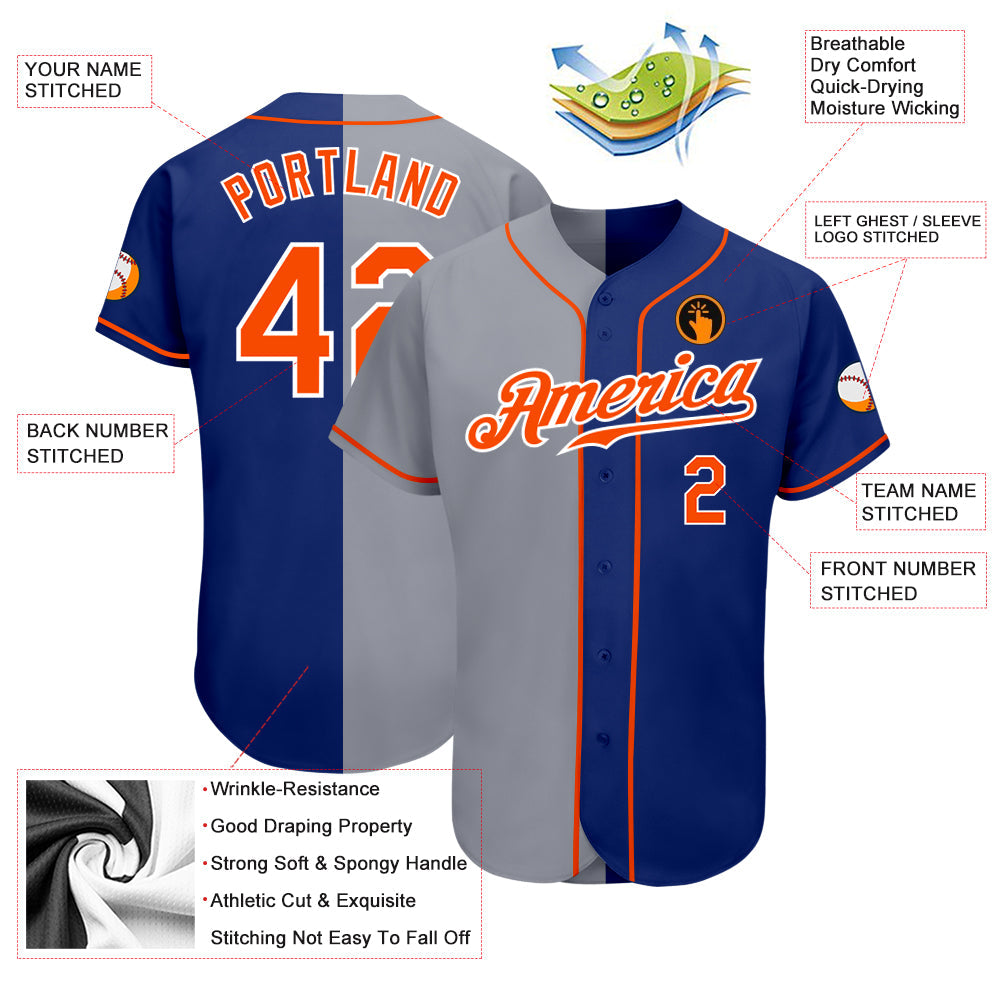 Custom Royal Orange-Gray Authentic Split Fashion Baseball Jersey view 3