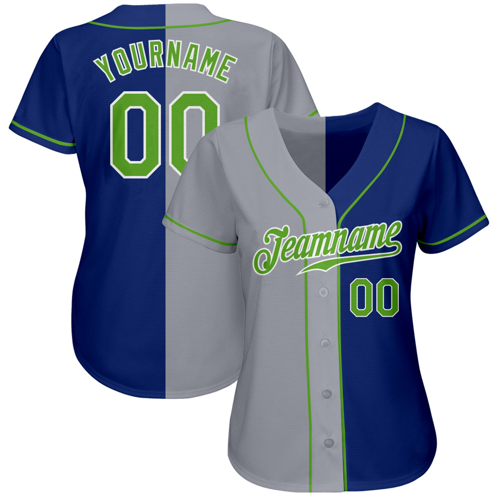Custom Royal Neon Green-Gray Authentic Split Fashion Baseball Jersey view 2