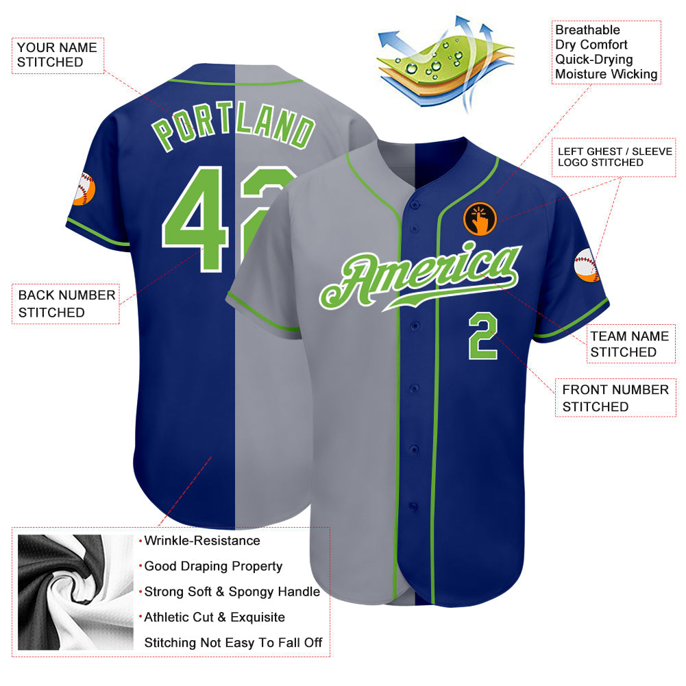 Custom Royal Neon Green-Gray Authentic Split Fashion Baseball Jersey view 3