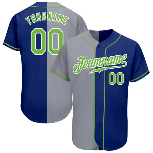 Custom Royal Neon Green-Gray Authentic Split Fashion Baseball Jersey - Main View