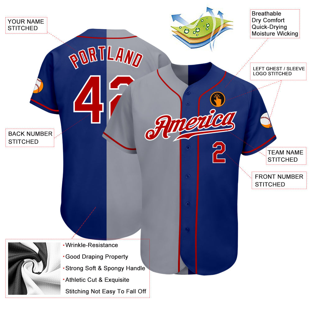 Custom Royal Red-Gray Authentic Split Fashion Baseball Jersey view 3