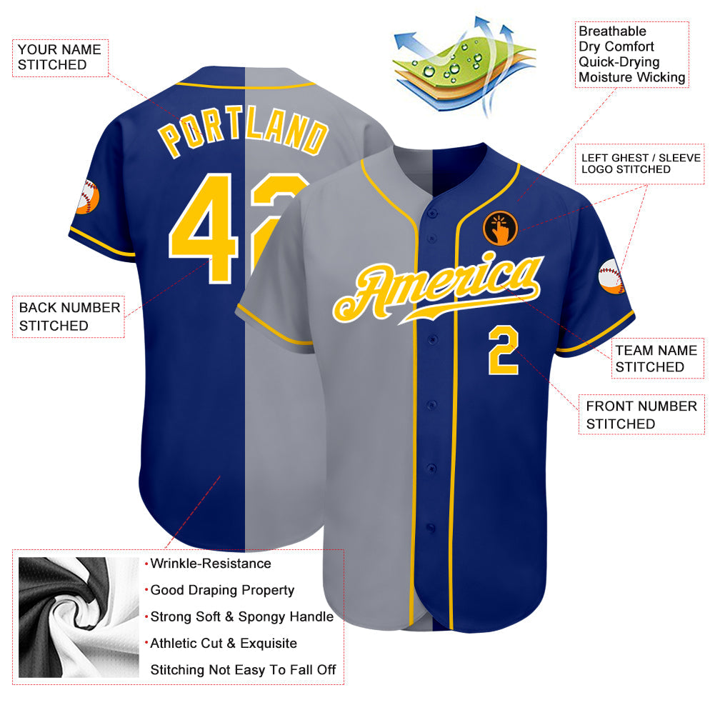 Custom Royal Gold-Gray Authentic Split Fashion Baseball Jersey view 3