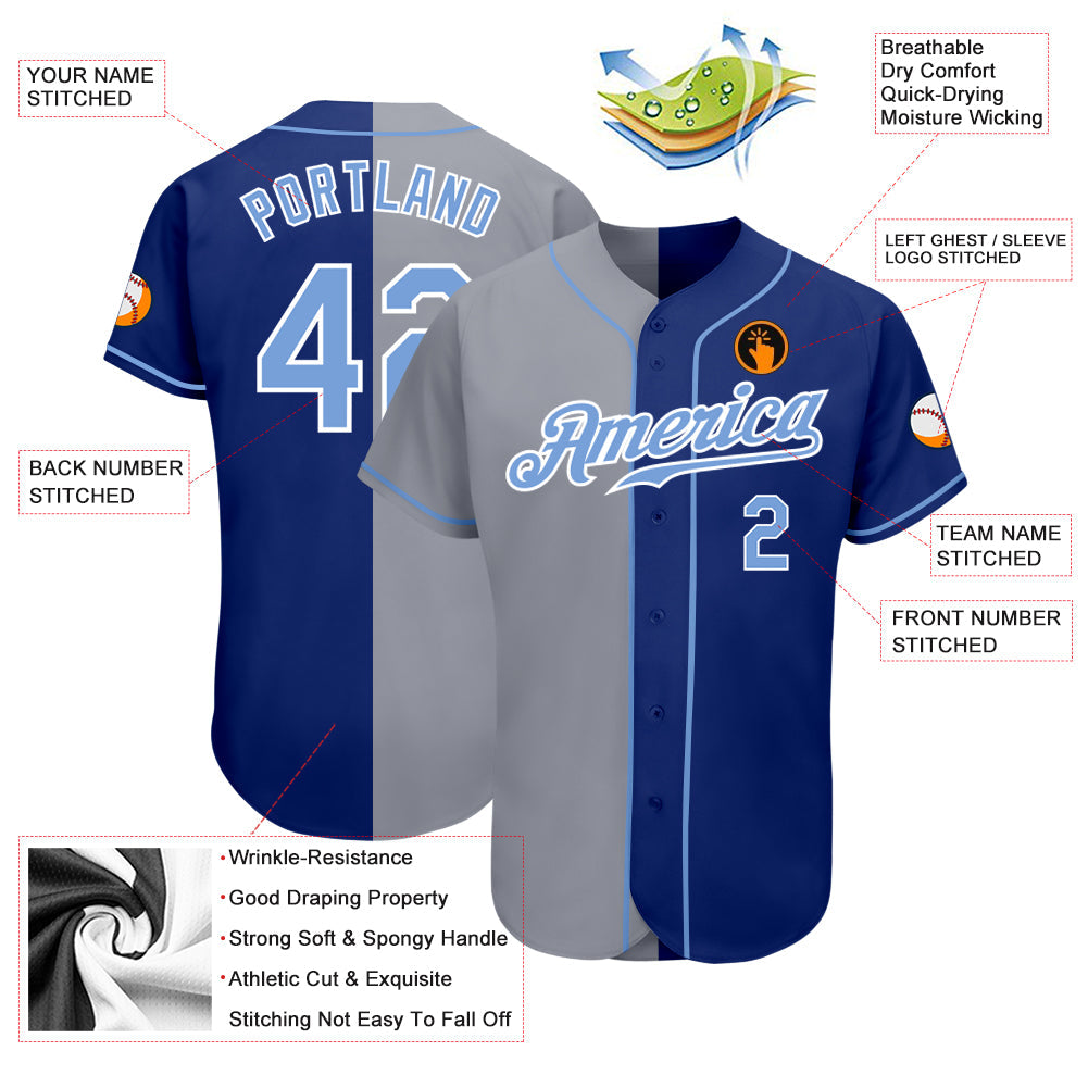 Custom Royal Light Blue-Gray Authentic Split Fashion Baseball Jersey view 3