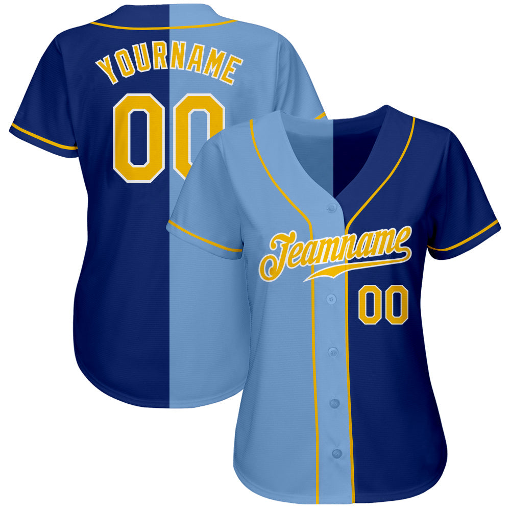 Custom Royal Gold-Light Blue Authentic Split Fashion Baseball Jersey view 2