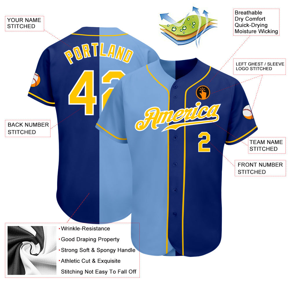 Custom Royal Gold-Light Blue Authentic Split Fashion Baseball Jersey view 3