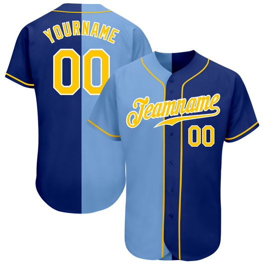 Custom Royal Gold-Light Blue Authentic Split Fashion Baseball Jersey - Main View