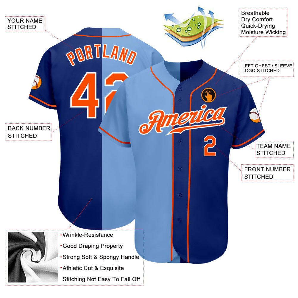 Custom Royal Orange-Light Blue Authentic Split Fashion Baseball Jersey view 3