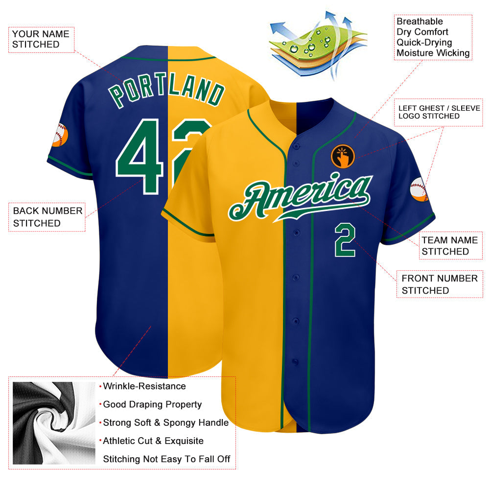 Custom Royal Kelly Green-Yellow Authentic Split Fashion Baseball Jersey view 3