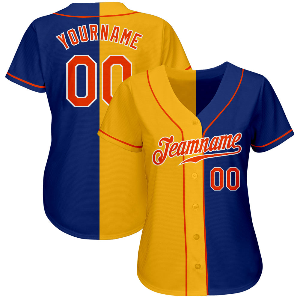 Custom Royal Orange-Yellow Authentic Split Fashion Baseball Jersey view 2