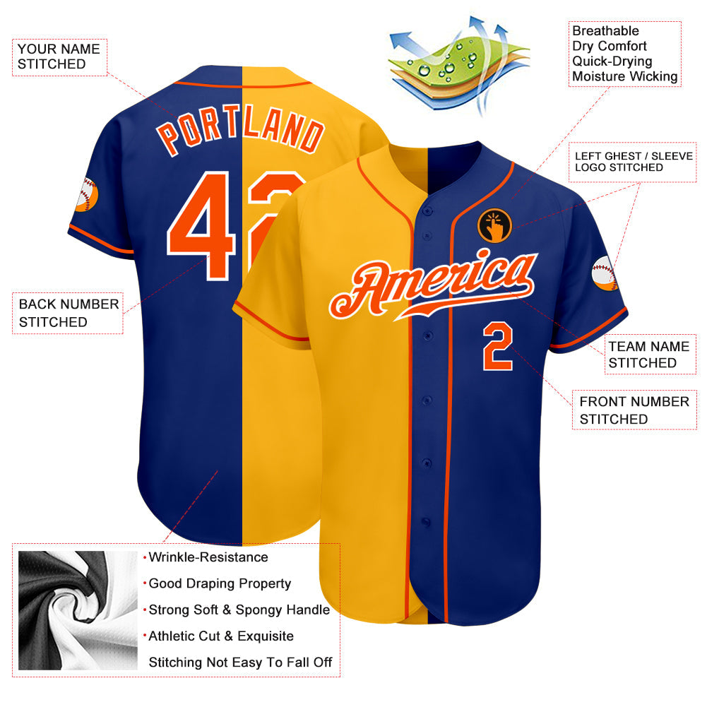 Custom Royal Orange-Yellow Authentic Split Fashion Baseball Jersey view 3
