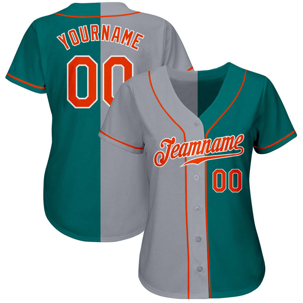 Custom Teal Orange-Gray Authentic Split Fashion Baseball Jersey view 2
