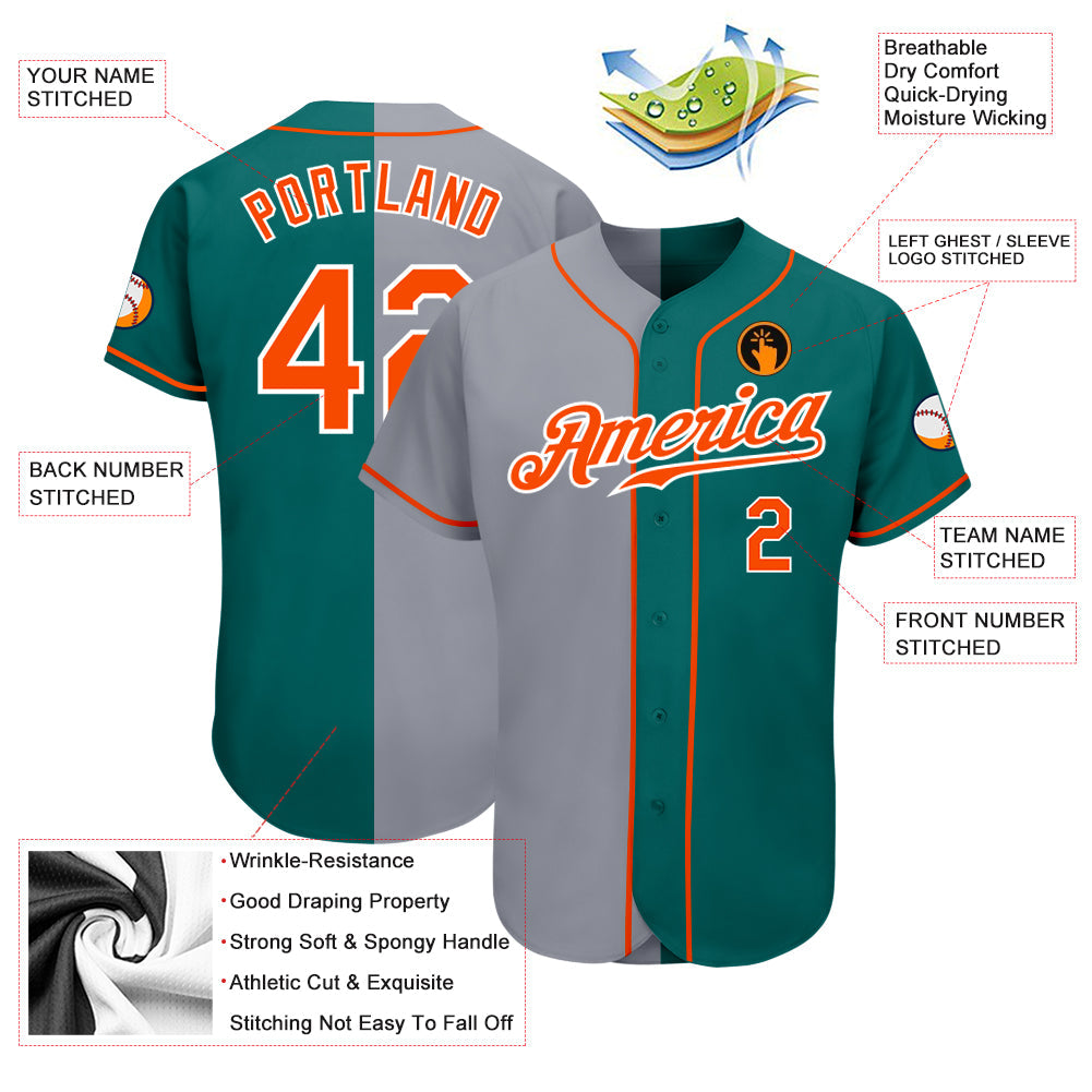 Custom Teal Orange-Gray Authentic Split Fashion Baseball Jersey view 3