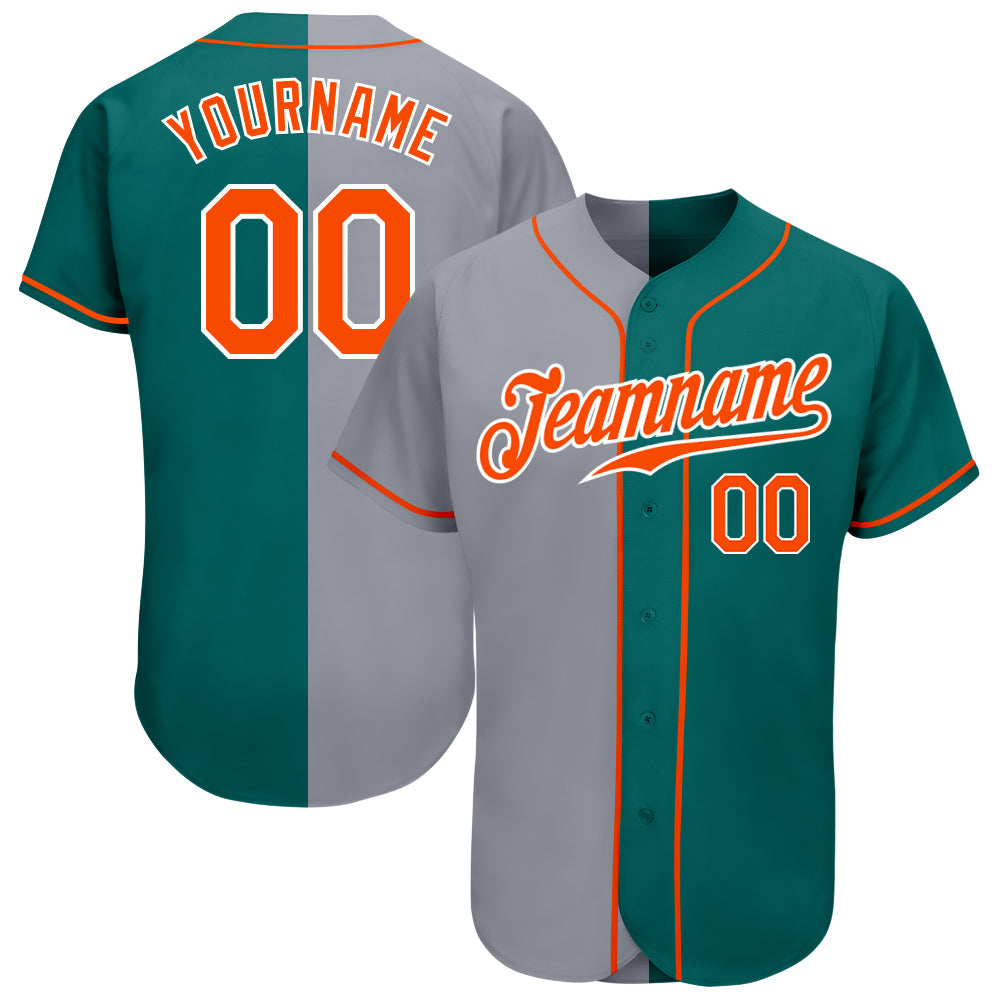 Custom Teal Orange-Gray Authentic Split Fashion Baseball Jersey - Main View