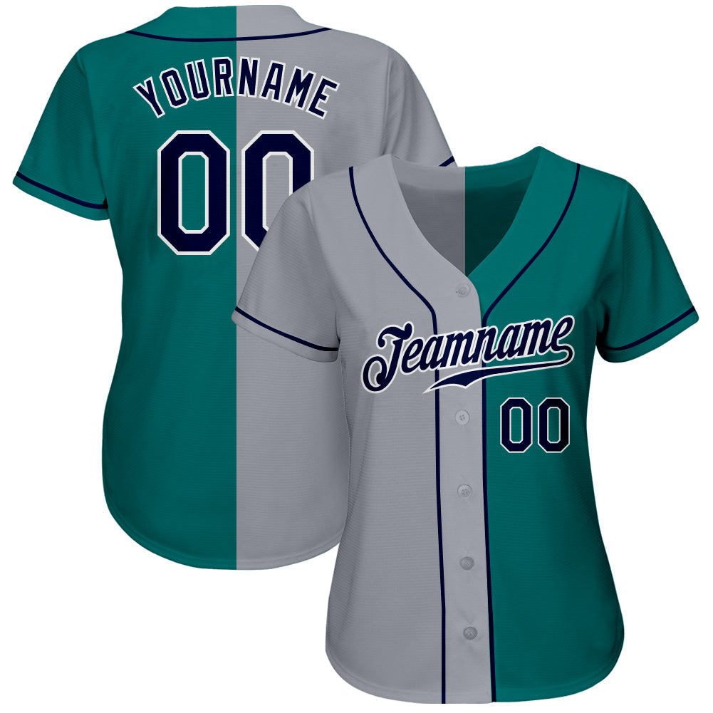 Custom Teal Navy-Gray Authentic Split Fashion Baseball Jersey view 2