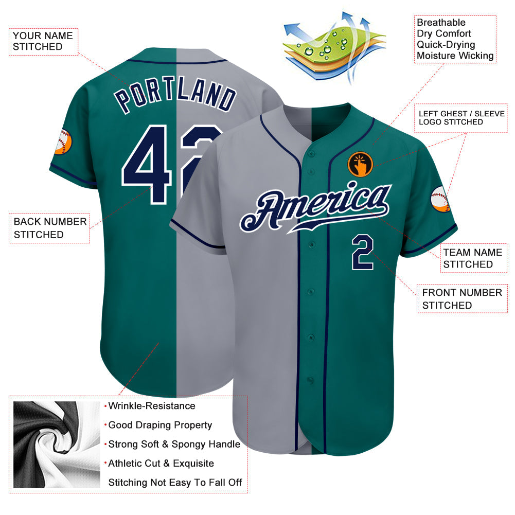 Custom Teal Navy-Gray Authentic Split Fashion Baseball Jersey view 3